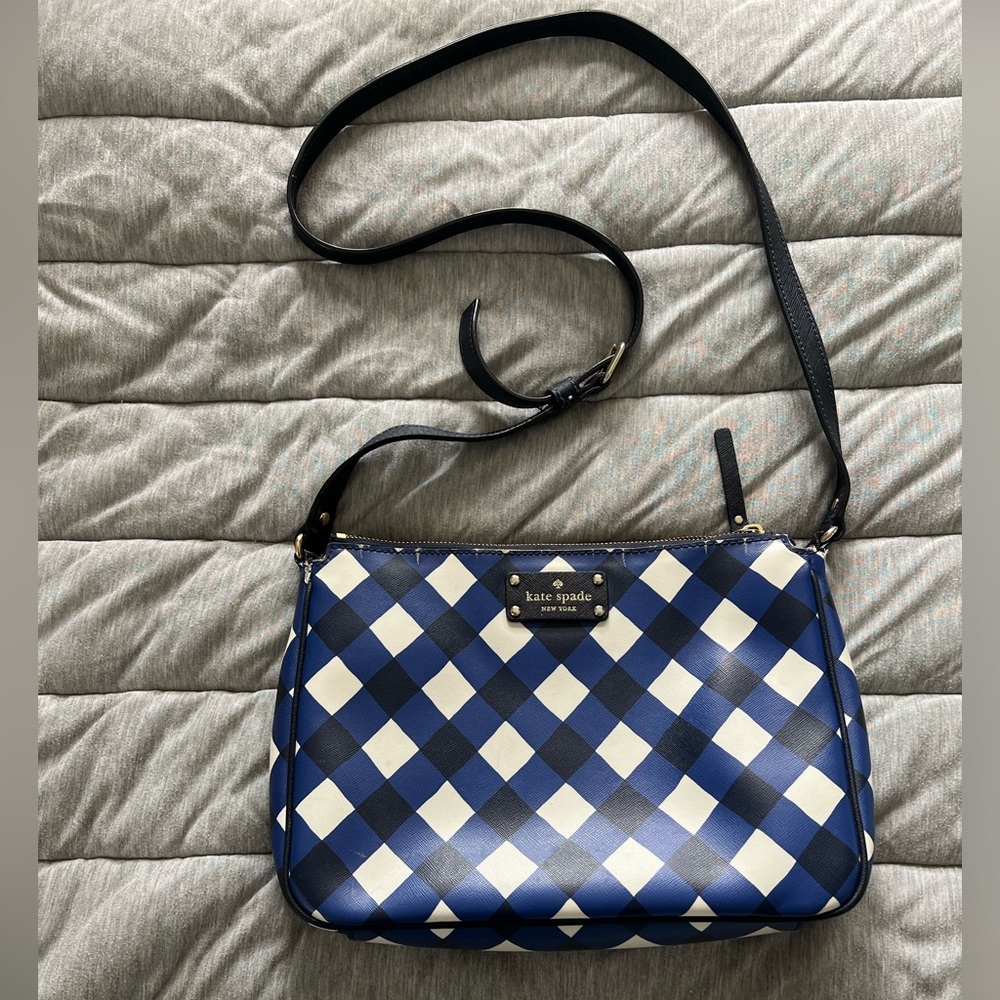 Kate Spade blue gingham plaid crossbody handbag